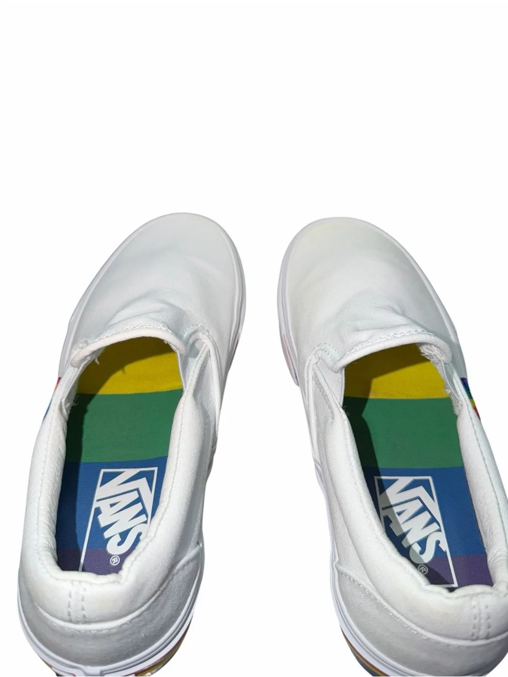 Vans White Multi/Rainbow Slip-On Pride Classic Canvas Skate Shoes Women’s 6